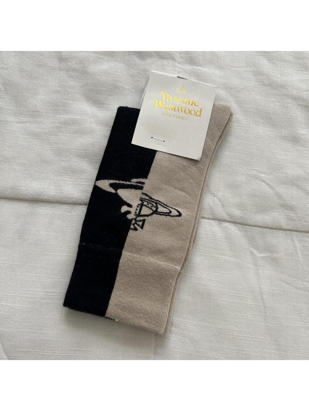 Vivienne Westwood Black Beige Orb Colorblock Socks One Size